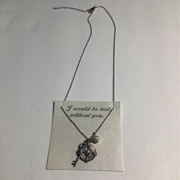 Compass Necklace With Key & Pearl Charms Sentimental Message Sliver Tone Womens - Picture 4 of 7